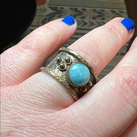 Vintage Boho Larimar Mixed Metal Brass Sterling Silver Wide Cigar Band Ring - Picture 6 of 6
